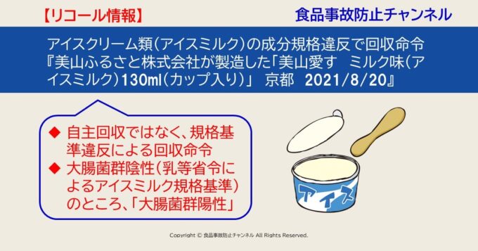 アイスクリーム類（アイスミルク）の成分規格違反で回収命令『美山ふるさと株式会社が製造した「美山愛す　ミルク味（アイスミルク）130ml（カップ入り）」　京都　2021/8/20』（リコール情報・食品事故防止チャンネル）